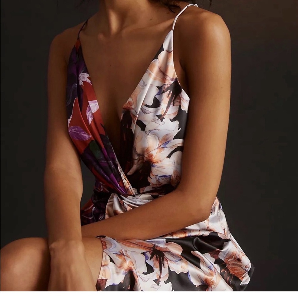 Anthropologie Delfi Floral Satin Slip Dress in Black, White, Purple, Rust